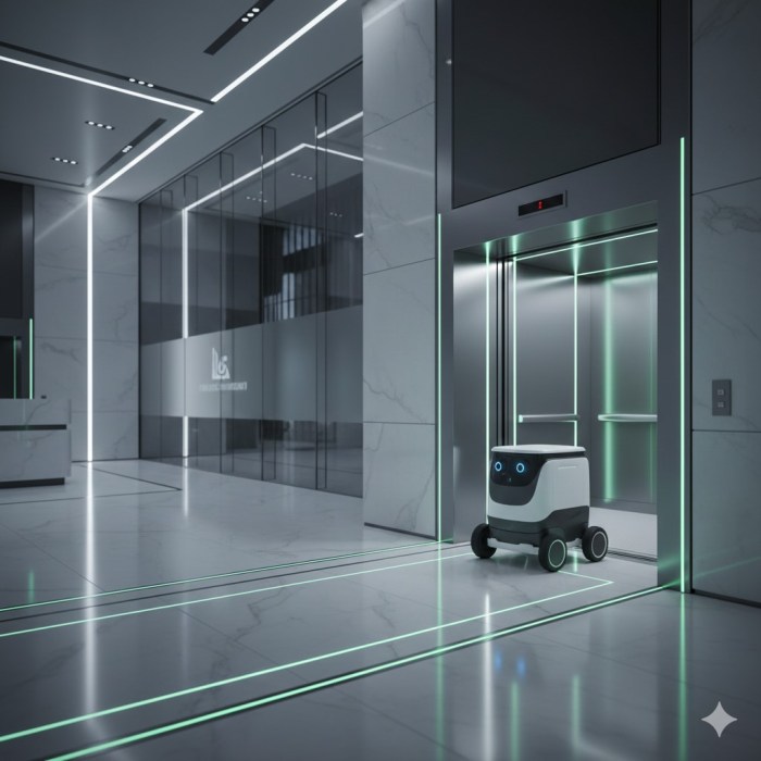 Robot de entrega autónomo entrando a ascensor inteligente en edificio corporativo conectado por protocolo 96BN.

El fin de la hostilidad vertical: Infraestructura que guía, valida y transporta activos autónomos.