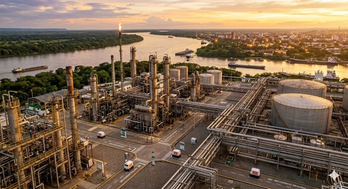 En esta refinería, la infraestructura física opera como un sistema integrado. Un dron ejecuta una inspección autónoma sobre una torre de destilación, mientras flotas terrestres navegan por rutas precisas y despejadas. Esta convivencia neutraliza la fricción operativa, evidenciando el impacto de preparar el entorno mediante la evaluación y adaptación del espacio.