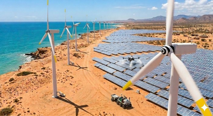 En el desierto costero de la Guajira Colombiana, la infraestructura energética se adapta para sostener una autonomía total. Un dron ejecuta el mantenimiento de precisión sobre los paneles solares para maximizar su eficiencia, mientras vehículos terrestres garantizan el soporte logístico continuo entre los aerogeneradores. Esta integración neutraliza las barreras operativas en geografías remotas, asegurando un despliegue tecnológico continuo, sostenible y altamente rentable.